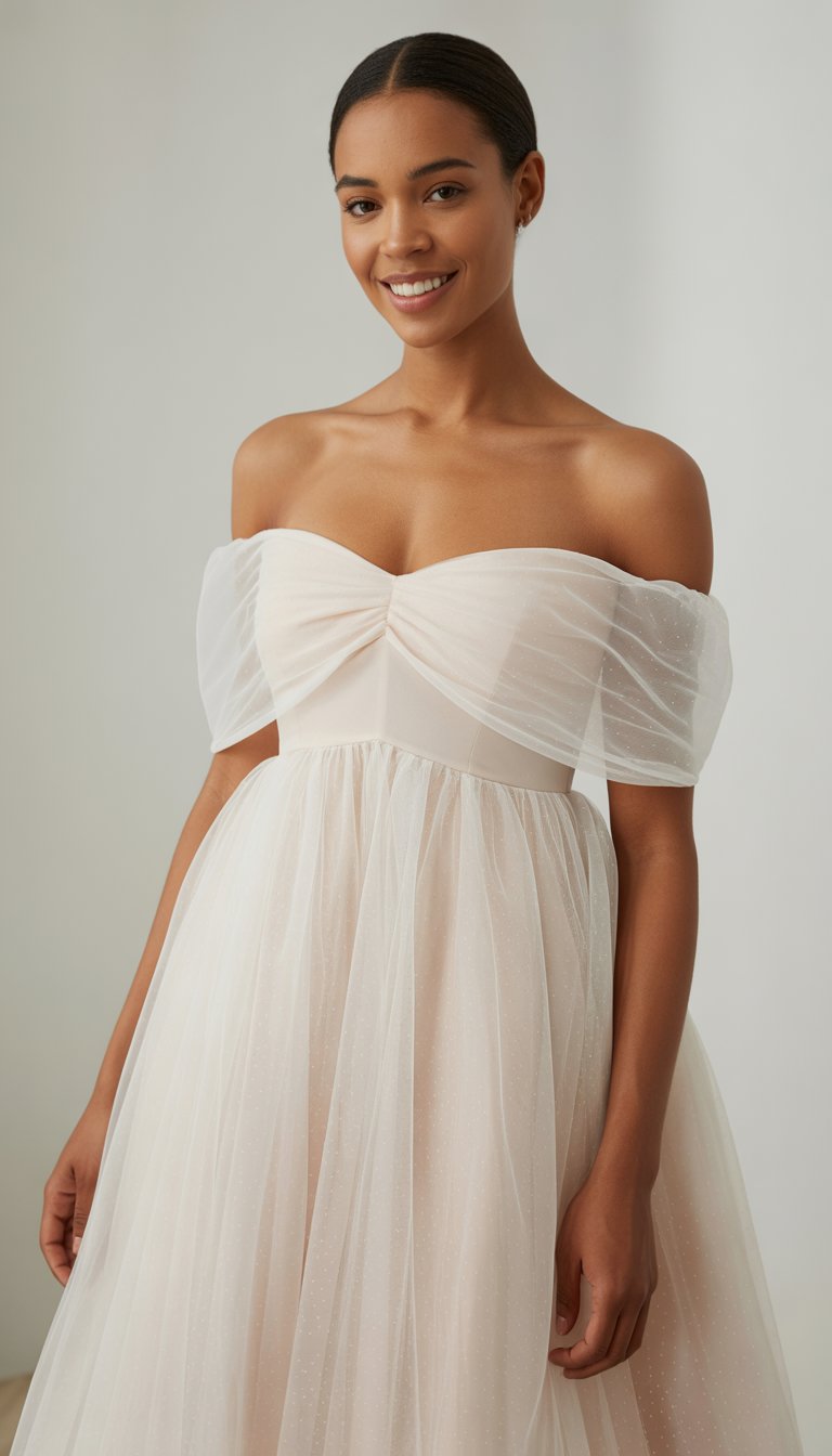 A woman standing in a bright studio wearing an off-shoulder dress with a flowing tulle skirt.
